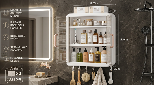 Plastic Self-Adhesive No-Drill Bathroom Shelf & Storage Cabinet with Stickers, Organiser for Bathroom, Essentials, Makeup, Skincare, Wall-Mounted Multi-Purpose (1 Pcs Bathroom Cabinet)