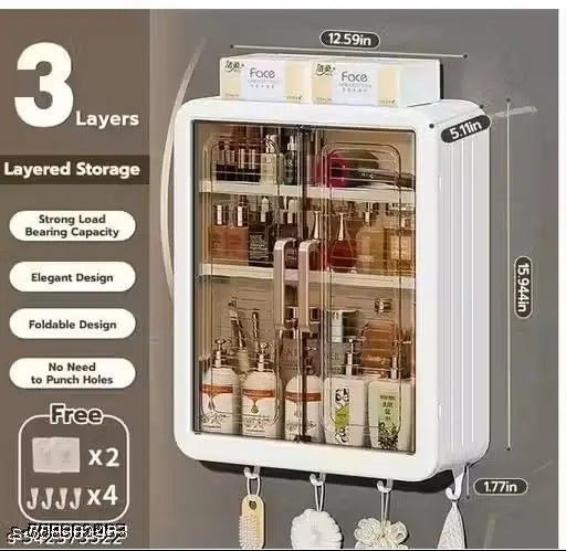 Plastic Self-Adhesive No-Drill Bathroom Shelf & Storage Cabinet with Stickers, Organiser for Bathroom, Essentials, Makeup, Skincare, Wall-Mounted Multi-Purpose (1 Pcs Bathroom Cabinet)