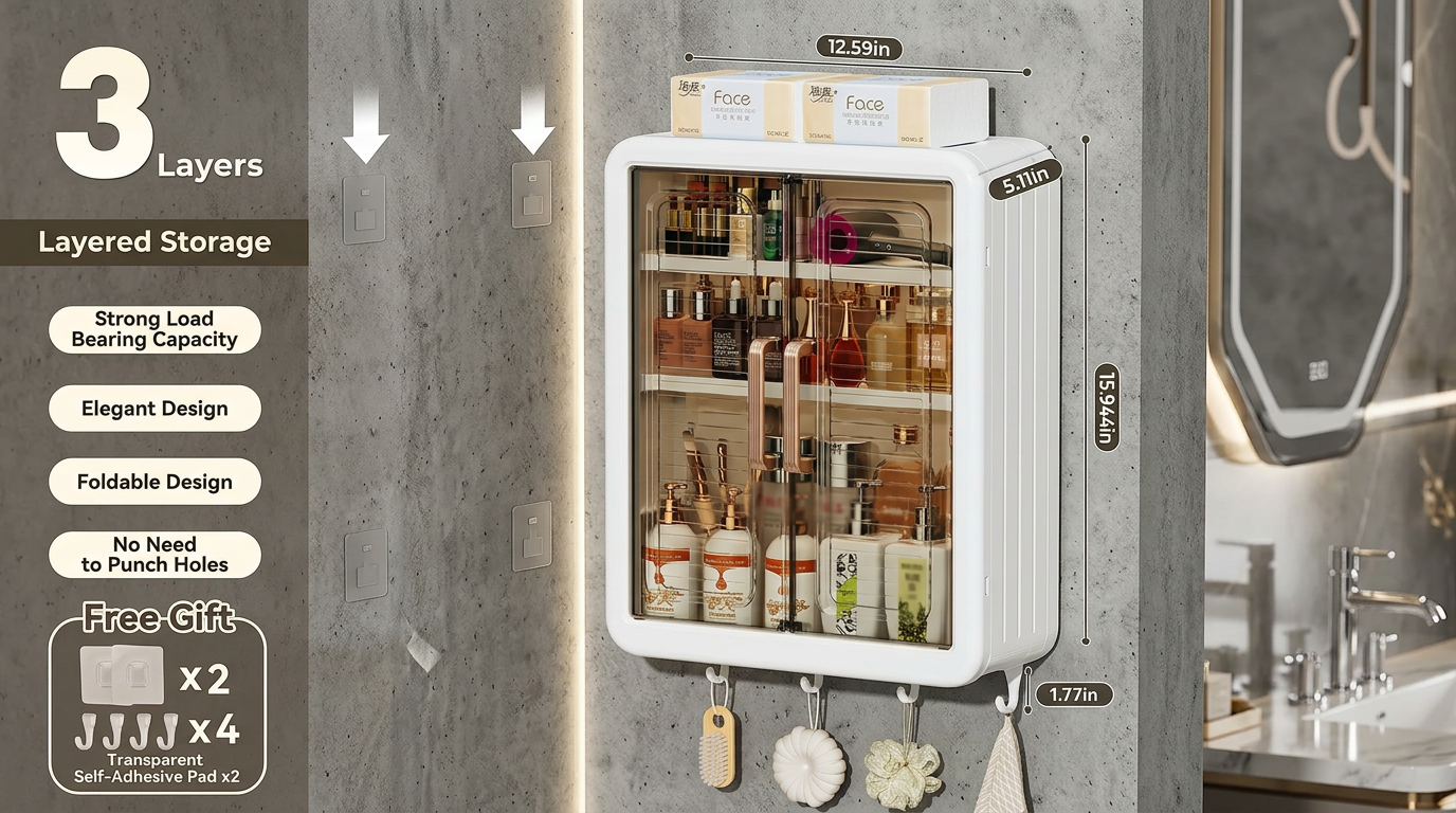 Plastic Self-Adhesive No-Drill Bathroom Shelf & Storage Cabinet with Stickers, Organiser for Bathroom, Essentials, Makeup, Skincare, Wall-Mounted Multi-Purpose (1 Pcs Bathroom Cabinet)